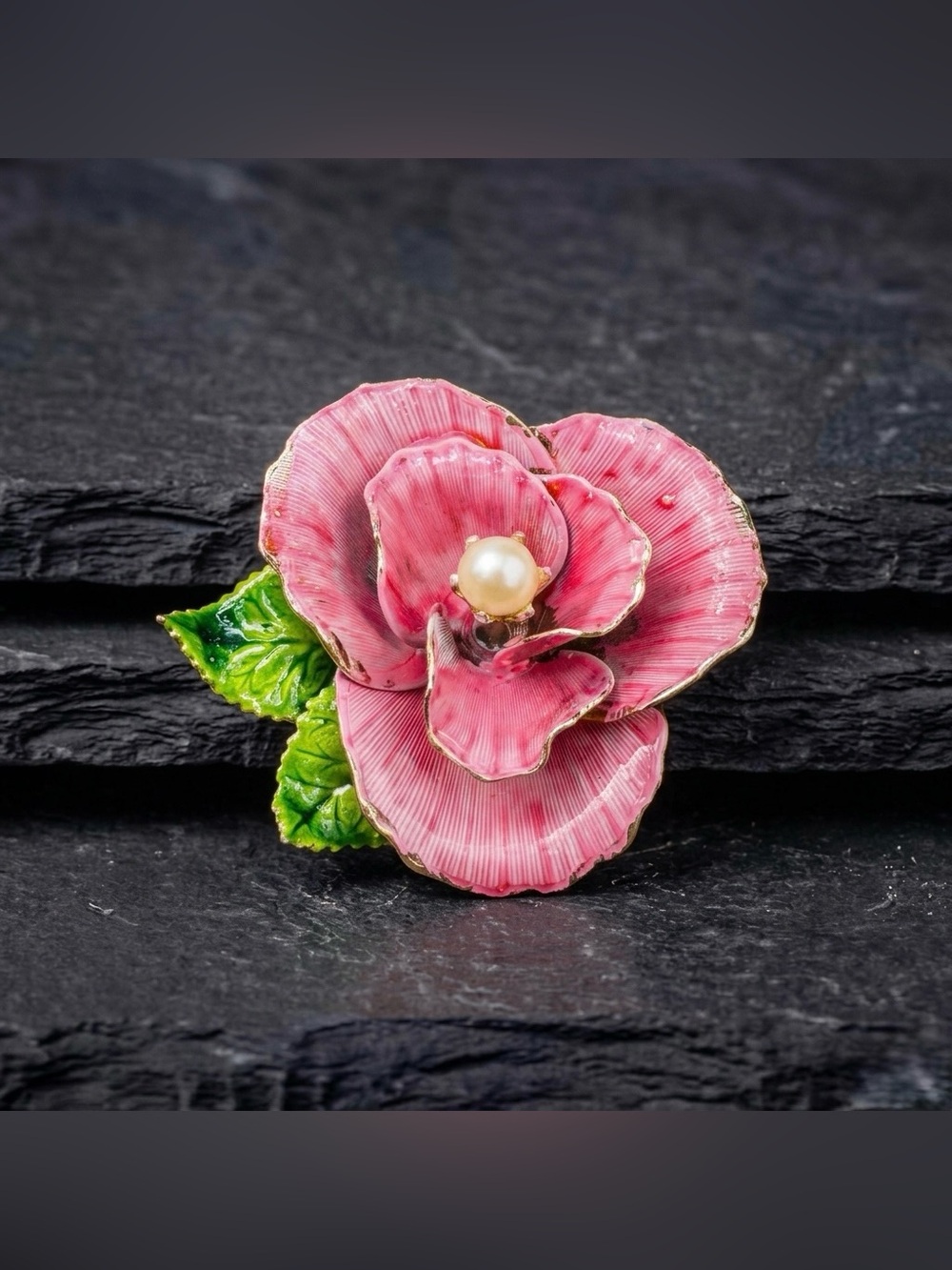 Vintage 60s Retro Pink Enamel Rose Faux Pearl Gold Tone Flower Brooch Cottage